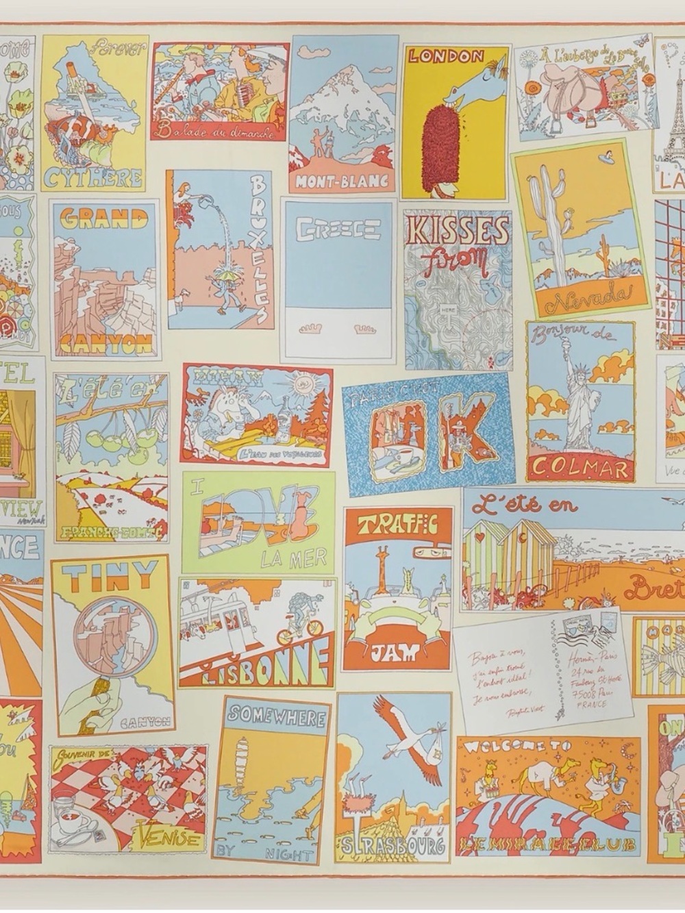 NEW in Box HERMES Orange /Bleu Ciel / Crème On Est Bien Ici ! 100% SILK Scarf 90